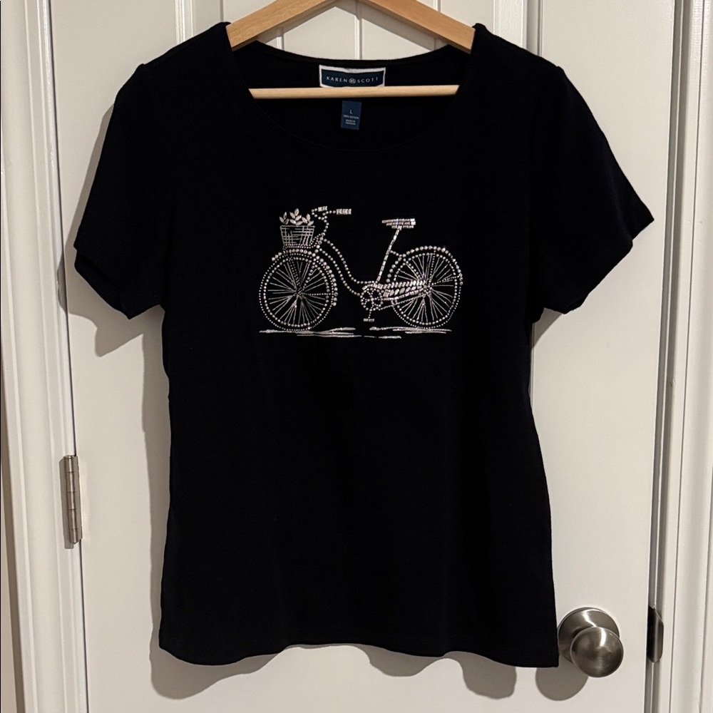 Karen Scott Black Short-Sleeve Tee with Rhinestone Bike Graphic